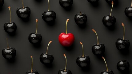 Aufkleber - A black cherry with a red stem is surrounded by many other black cherries