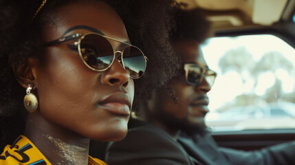 Beautiful afro american woman and a handsome black man forming a trendy modern couple outdoor with a luxury car like in a movie