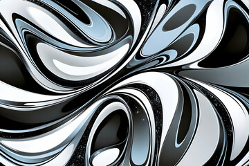 Abstract swirling design in black, white, and silver tones creating a dynamic visual effect.