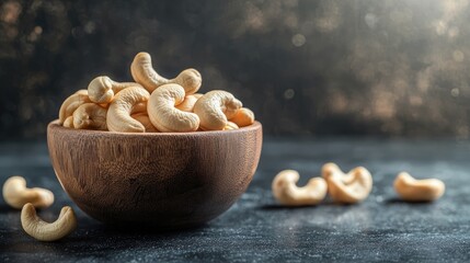 Cashew nuts arranged in a wooden bowl on a dark stone surface with a softly blurred backdrop