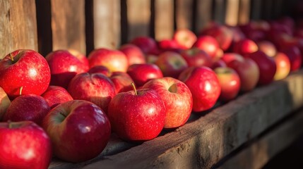 Wall Mural - Autumn harvest with red apples set against a rustic backdrop A display of nature s bounty featuring fresh ripe apples in a vibrant orchard Crisp and colorful organic produce on a sunny day