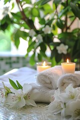 Wall Mural - A table with white towels and candles, surrounded by flowers. Concept of relaxation and tranquility