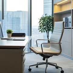 Poster - A white office chair sits in front of a desk with a computer monitor and keyboard. A potted plant sits on the desk, and a large window provides a view of the city