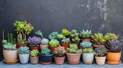 Wall Mural - Diverse selection of succulent plants in various pots displayed against a wall offering ample copy space