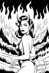 Devil woman posing in a fiery landscape illustration