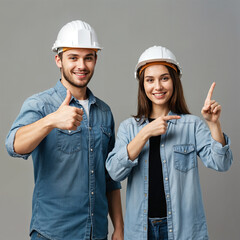 Poster - couple of cheerful young people in white construction helmets showing thumbs up on empty background. Generative AI
