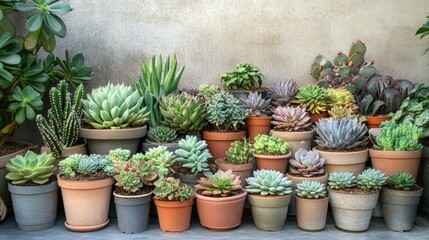 Wall Mural - Diverse selection of succulent plants in various pots displayed against a wall offering ample copy space