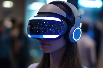 Woman using virtual reality headset in a dark environment with blue lights