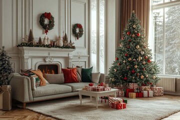 An elegant living room with a Christmas tree adorned with red and green decorations, a white fireplace, a grey sofa, colorful pillows, and presents beneath the tree, creating a cozy ambiance.