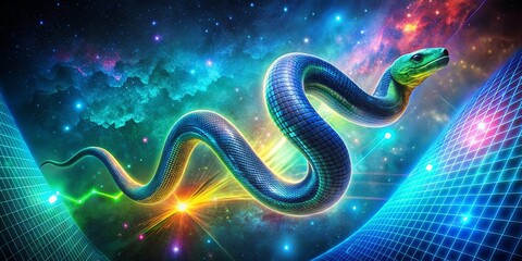 Wall Mural - A shimmering serpent ascends through a cosmos of vibrant nebulae and constellations, its scales reflecting the ethereal glow of celestial bodies.