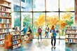 © Katavudh - Vibrant library scene with people engaged in reading and exploring books.