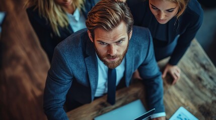 Poster - A man with a beard and a tie is looking at a laptop