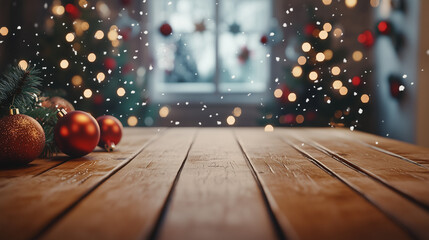 Advent calendar, a cozy Christmas-themed scene with a wooden table surface in the foreground. The background is decorated with soft and festive Christmas decorations such as garlands, ornaments, and w