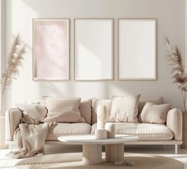 Minimalist living room interior design with a white sofa. beige throw pillows. a round coffee table. and three framed posters on the wall