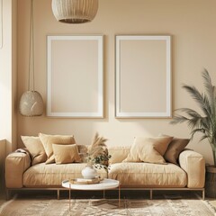 A modern living room interior with a beige sofa. two framed posters. a coffee table. a rug. and a houseplant