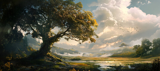 Poster - Majestic Oak in Serene Landscape: A digital painting of a majestic oak tree standing tall in a serene landscape, bathed in the warm light of a beautiful day.