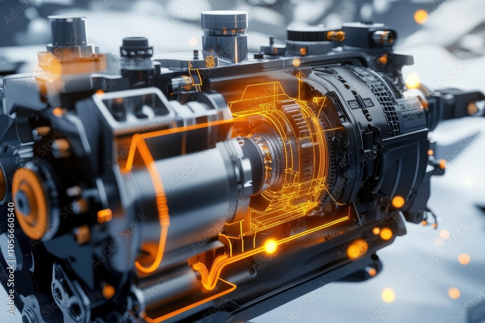 Detailed view of an ice engine with labeled parts on a clear background ...