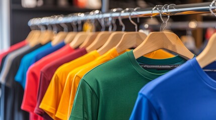 Colorful t-shirts on display in fashion store - vibrant apparel on wooden hangers