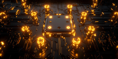 Poster - Circuitry Symphony: A mesmerizing abstract composition of glowing neon figures encircling a central processor, representing the heart of a technological network.