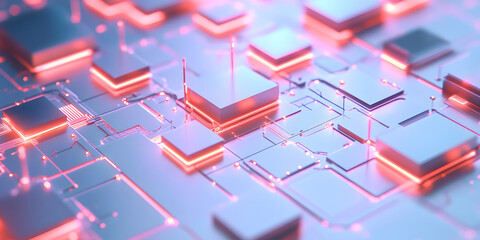 Poster - Abstract Digital Circuitry: A mesmerizing abstract image of glowing red lines connecting metallic cubes, evoking a sense of interconnectedness and technological advancement.