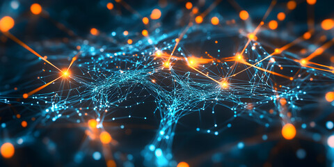 Poster - Neural Network Abstract:  Intricate web of glowing nodes and connections, visualizing complex data flow and artificial intelligence.