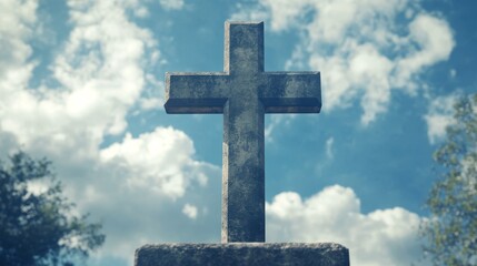 Stone Cross Against a Blue Sky with Clouds - Symbol of Faith, Religion, and Spirituality