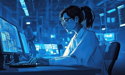 Professional Female Developer Coding Late at Night in Tech Office