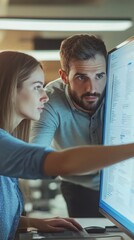 Poster - A man and a woman are looking at a computer monitor