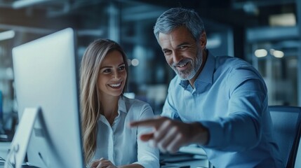 Poster - A man and a woman are looking at a computer monitor
