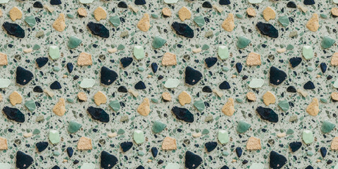 Wall Mural - A terrazzo surface with deep navy, mint green, and sandy beige fragments against a light aqua background