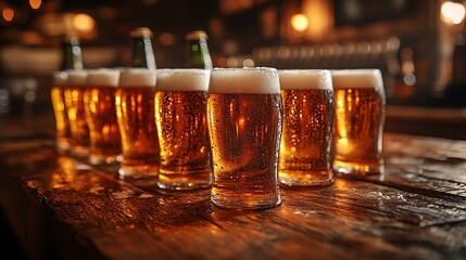 Golden beer and frosty glasses on rustic wooden table scene