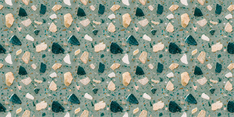 Wall Mural - A terrazzo surface with fragments of deep teal, soft aqua, and pale sandy beige on a muted turquoise background, with a light pearly finish