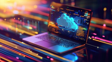 Fototapete - Exploring cloud computing a modern digital landscape with laptops and cloud icons