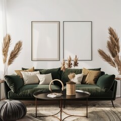 Modern living room interior with green velvet sofa. two empty frames. dried pampas grass. and a coffee table with decor