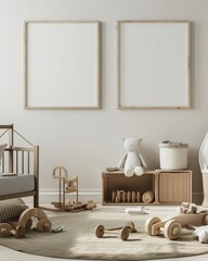 a nursery room interior design with two empty frames. a rocking horse. a teddy bear. a crib. and toy