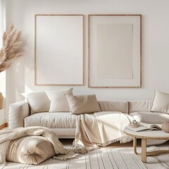 minimalist living room interior with a beige sofa. two empty frames. a coffee table with a book. a r