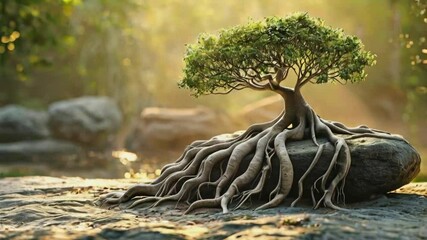 A bonsai tree with intricate roots growing on a rock, surrounded by soft, natural light.
