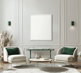 A modern living room interior with two white armchairs with green velvet cushions. a coffee table. a console table. and a blank poster frame on the wall