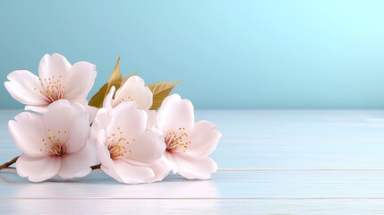 Wall Mural - Delicate cherry blossom branches with soft pink flowers against serene blue background create tranquil and elegant atmosphere