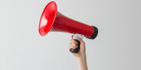 A hand grips a red megaphone, indicating alert, communication, and expression for public announcements or social causes