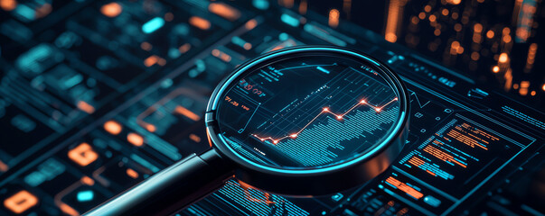A close-up of a magnifying glass hovering over a futuristic digital dashboard filled with glowing graphs