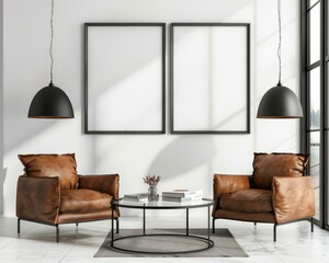 Two brown leather armchairs with a glass coffee table and two black pendant lights in a modern white living room