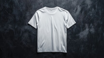 Sticker - Blank white t shirt mockup displayed on a dark textured backdrop showcasing apparel in a studio setting