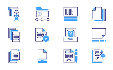 Documentation icon set. Bold line style. Duotone colors. Editable stroke. document, agreement, documents, paper, blank page, audit