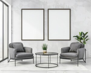 Two grey armchairs with black metal legs face each other across a round coffee table There are two blank frames above the table One potted plant rests on the table and another stands on the floor to t