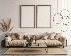 Modern living room interior with a beige sofa. two framed posters. a coffee table. a rug. and a decorative plant on the wall