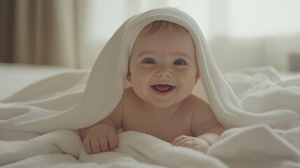 Cute, smiling baby covered with a white towel on a bed, happy and playful, with a cute facial expression, beautiful background, professional photography style, soft tones