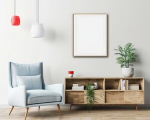 A minimalist living room with a blue armchair. wooden shelves. and a framed mockup poster The space is decorated with plants and a white and red lamp