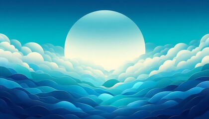 Poster - Surreal blue landscape with layered clouds and a glowing sun on the horizon