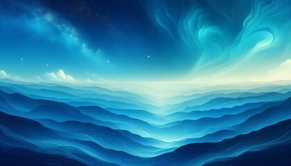 Poster - Dreamy abstract ocean waves under a starry sky, with vibrant blue tones